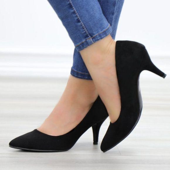 Black Suede Pointy Toe Kitten Low Heel Pumps - Picture 8 of 13